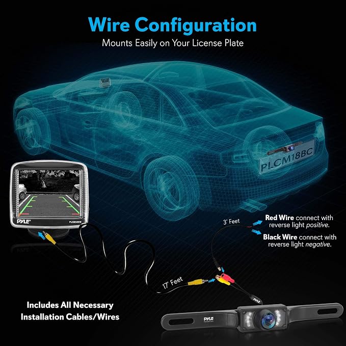 Pyle Wireless Backup Car Camera Rearview Monitor System - Parking & Reverse Safety Distance Scale Lines, Waterproof & Night Vision Cam, 3.5" LCD Screen Video Color Display for Vehicles - (PLCM34WIR)