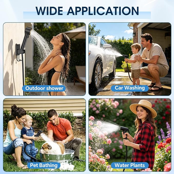 Portable Shower for Camping, 8000mAh Rechargeable Camp Shower Pump, LED Display Temp & Power, 5 Pressure Settings, 4 Spray Modes (+Spray Gun), IPX8 Waterproof, Ideal for Outdoor, Beach, Pet, Car Wash