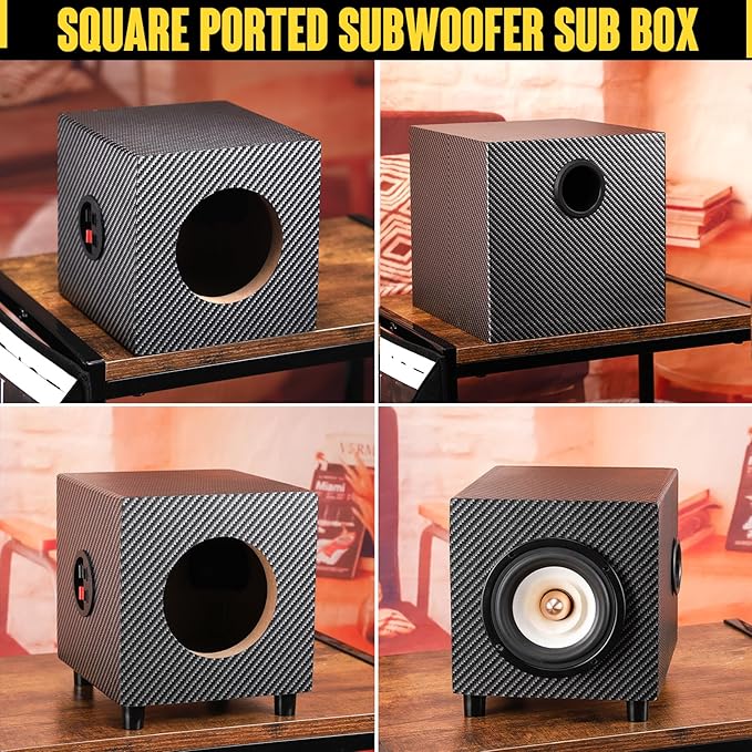 4 Inch PVC Finish Subwoofer Box, Single Car Speaker Enclosure, Car Ported Speaker Enclosure Car Audio Enclosure, Single Sub Box Enclosure with Sound-Absorbing Cotton & Speaker Spikes Pad Mat