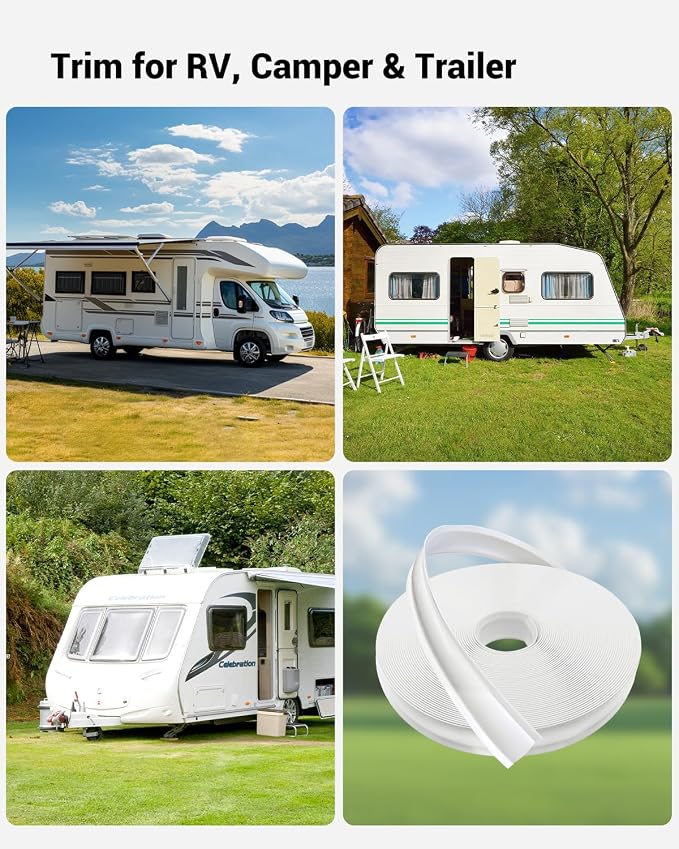 1” RV Trim Molding Insert, 50 Ft Heavy Duty RV Weather Stripping Exterior, Vinyl Rubber Seal Strip Includes End Caps, Screw Cover Trim for Camper Travel Trailer, White