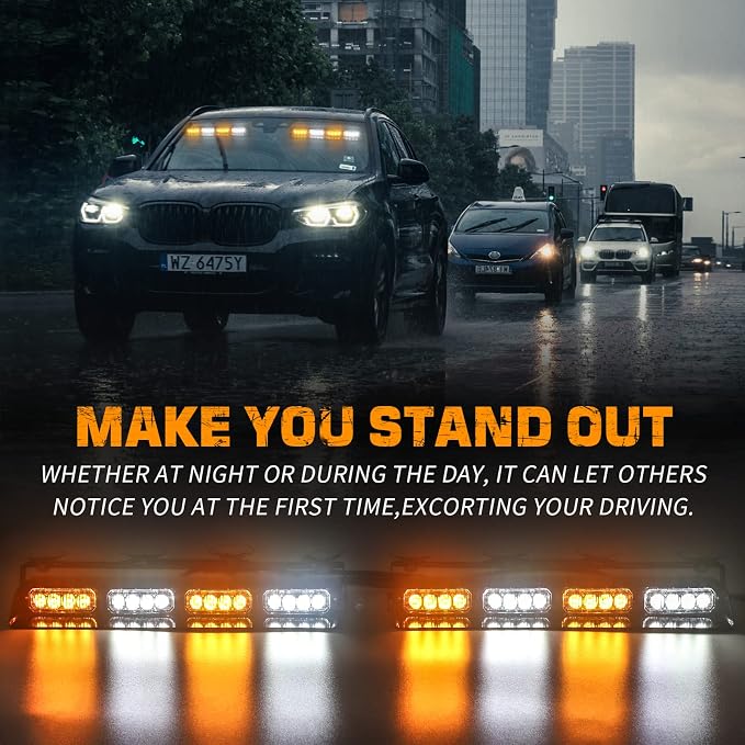 XRIDONSEN Amber White Emergency Dash Strobe Lights & 37 inch 104 LED Roof Top Strobe Light Bar Traffic Advisor Lights for Plow Tow Trucks Construction Vehicles