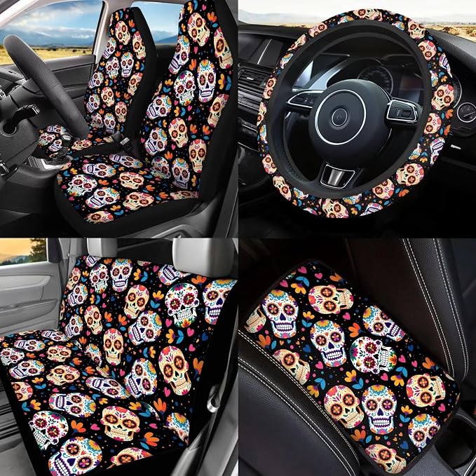 Skull Car Seat Covers Full Set of 17 Pcs,Universal Skull Floral Car Accessories for Women Man Automotive Interior with Auto Trash Bag Floral Auto Head Rest Covers,Washable Easy to Install