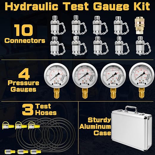 Hydraulic Pressure Gauge Test Set for Excavator, Pressure Tester Coupling Kit with 4 Gauges (1500PSI, 3500PSI, 6000PSI, 9000PSI)