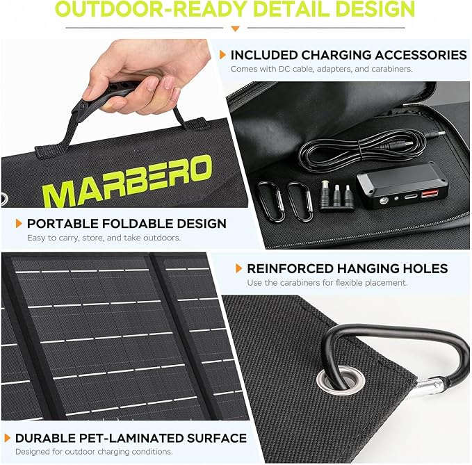 MARBERO Portable Solar Panel 30W Solar Panel Charger 23% High Efficiency Foldable Solar Panels QC3.0 USB & DC Port Compatible with Cell Phone Ipad Laptop IP65 Waterproof for Camping Outdoor Cloudy