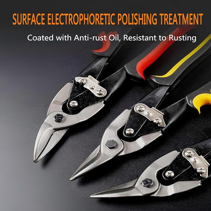 3-Piece Aviation Tin Snips Set, 10-Inch Sheet Metal Cutting Snips, Straight Left Right Cut Cr-V Steel Aviation Shears with Serrated Blades, Safety Lock and Ergonomic Rubber Grip