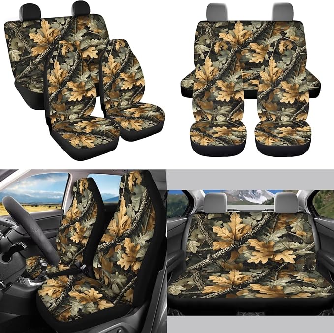 Camouflage Hunting 13 Pcs Car Seat Covers Full Set with Auto Steering Wheel Cover Armrest Cushion Protector Seat Belt Covers Automotive Interior Sets Universal Fit for Cars SUV