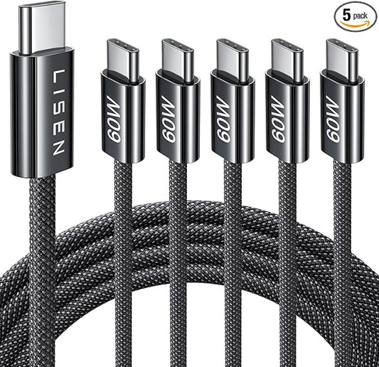 LISEN USB C Cable, 5-Pack [6.6FT] USBC to USBC Cable for iPhone 16e 15 Pro Max Charger Cord, 60W (3.1A) C to C Cable Fast Charging for Samsung S25/S24/23, Switch 2, iPad, MacBook,Black