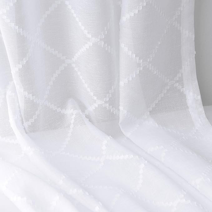 Hokibero Pure White Semi Sheer Curtains 96 Inches Long for Floor Length Living Room Bedroom,Back Tab Rod Pocket Light Filtering Drapes Geometric Embroidered Pattern Dining Room,52 x 96,2 Panels