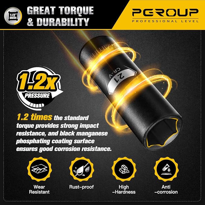 45PCS 1/2” Drive Metric Impact Socket Set, pgroup Deep & Shallow Socket Set with Extension Bars, Adapter and Universal Joint, Size 9-32mm, 6-Point Design, Chrome Vanadium Steel, Includes Storage Case