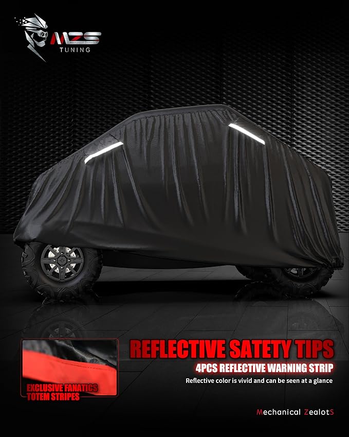 MZS UTV Cover, All Weather Waterproof Side by Side Cover Protection Universal fits up to 120 inch Utility Vehicle Covers - Vents Night Reflective Tear Wind Proof Adjuster Buckle Storage Bag