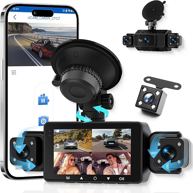 4 Channel 360° Dash Camera Front and Rear Inside Left Right, 3 Inch Dash Cam Support WiFi, Built-in Night Vision Sensitive Motion Detection 24/7 Recording Parking Mode Monitor Reversing Help