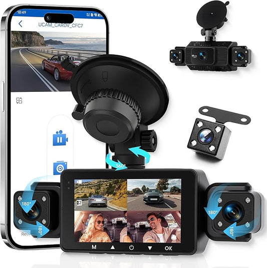 4 Channel 360° Dash Camera Front and Rear Inside Left Right, 3 Inch Dash Cam Support WiFi, Built-in Night Vision Sensitive Motion Detection 24/7 Recording Parking Mode Monitor Reversing Help