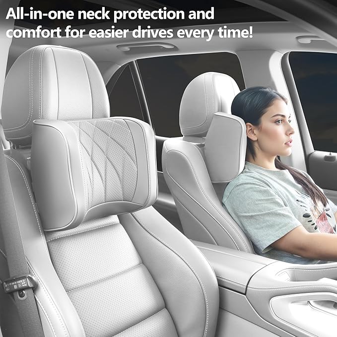 Car Headrest Pillow U-Shaped, Memory Foam Head Neck Support Cushion for Driving, Leather Head Rest Travel Pillows for Sleeping, Breathable Removable Cover, Gray, 1 Pack