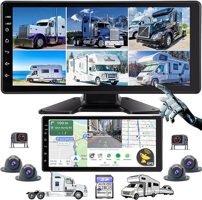 6-Channel GPS Navigation Touchable Screen Car Stereo with Carplay 128GB Large 1080P Image 10.36 Inch Monitor Backup Camera Built-in DVR for RV Truck Trailer Rear Side Front View Wired System