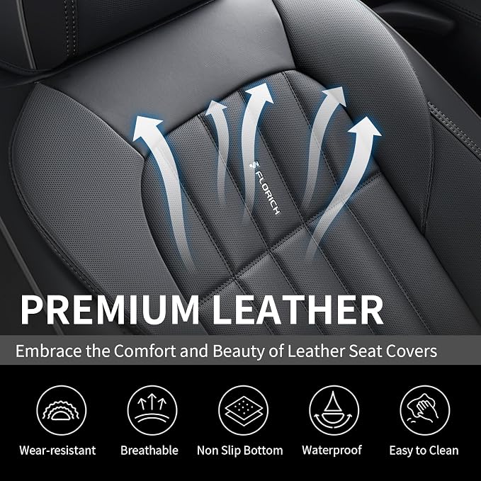 FLORICH Seat Cover, Car Seat Covers Full Set, Waterproof Leather Car Seat Protector 5 Seats, Front and Rear Seat Covers for Cars, Automotive Seat Covers Protector Fit for Most Cars Trucks SUV - Black