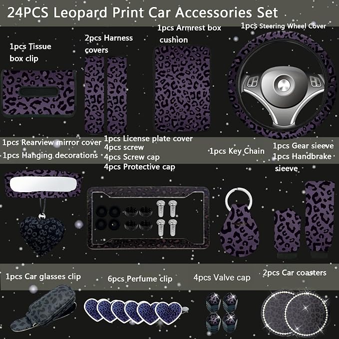 24 Pcs Leopard Print Car Accessories,Including License Plate Frame,Rearview Mirror Decoration,Etc,Suitable for Sedan,SUV and Other,Cute Car Interior Set for Women (Black)