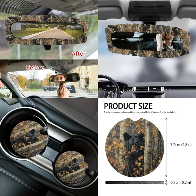 Universal Automotive Seat Covers & Accessories Full Set Bear Camo Hunting Car Front and Rear Seat Covers Steering Wheel Cover Armrest Cushion Safety Belt Pads Cup Cushions