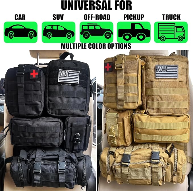 7 PACK Tactical Seat back organizer Truck organizer With 6 Detachable Pouches Universal For Car Truck Ford Jeep Military-Grade Heavier Panels With Multi-functional Packs (7 PACK -BLACK)