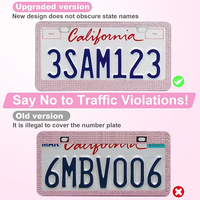 QUANQIUFEI 2 Pack Bling License Plate Frames for Women, Sparkly Rhinestone Diamond Car Accessories with Glitter Crystal Caps (Pink)
