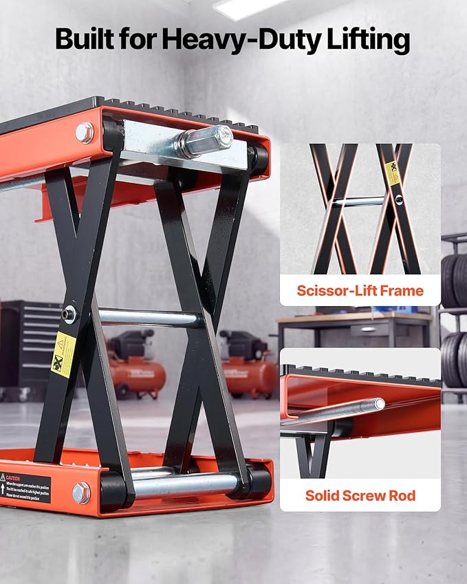 VEVOR Motorcycle Lift, 1500 lbs Motorcycle Scissor Lift Jack with Wide Deck & Lock Pin, 4.13"-13.77" Center Hoist Crank Stand, Steel Scissor Jack for Street Bikes, Cruiser Bikes, Touring Motorcycles