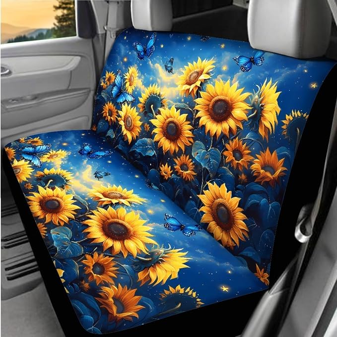 8 Pcs Sunflower Butterfly Car Interior Accessories Set for Women, Car Seat Covers Full Set with Auto Steering Wheel Cover Auto Center Console Pad Seat Belt Covers