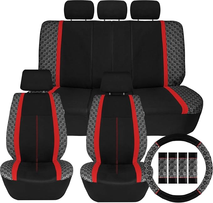 We Are Young Life is Fun™ Checker Car Seat Covers Universal Fit Interior Accessories Full Set Red Seat Cover Combo Steering Wheel Cover and Seat Belt Pads, Airbag and Split Rear Car Seat Covers