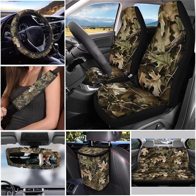 Camouflage Oak Tree 12-Pack Universal Fit Car Seat Cover Set - Front & Rear Cushion Covers, Steering Wheel Cover, Seat Belt Mats, Car Trash Can, Coasters & More for Cars, Vans, SUVs
