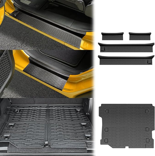 Trunk Mat with Door Sill Guards for 2018-2025 Jeep Wrangler JL Unlimited 4X4 Accessories All Weather Rear Trunk Liner Door Sill Protector for 18-25 JL JLU Gas Type 4 Door(Not for 4XE)