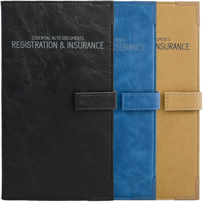 PlusXpres Auto Insurance and Registration Card Holder - Vehicle Glove Box Document Organizer - Car Essential Paperwork Holder for DMV, AAA, Contact Information Cards - BLACK + BLUE + BEIGE BUNDLE