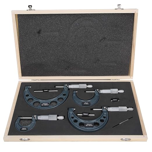 4pcs Metric Outside Micrometers Set 0-4 Inch Professional External Micrometer Thickness Gauge Measuring Calipers 0.01mm Accuracy with Case