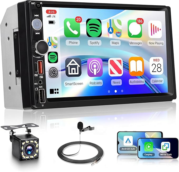 7 Inch Double Din Car Stereo, Wireless CarPlay Android Auto, 2 Din Touch Screen Radio, Bluetooth Stereo, AHD Backup Camera, Mirror Link, FM EQ SWC, Type-C USB Fast Charging, Video Playback
