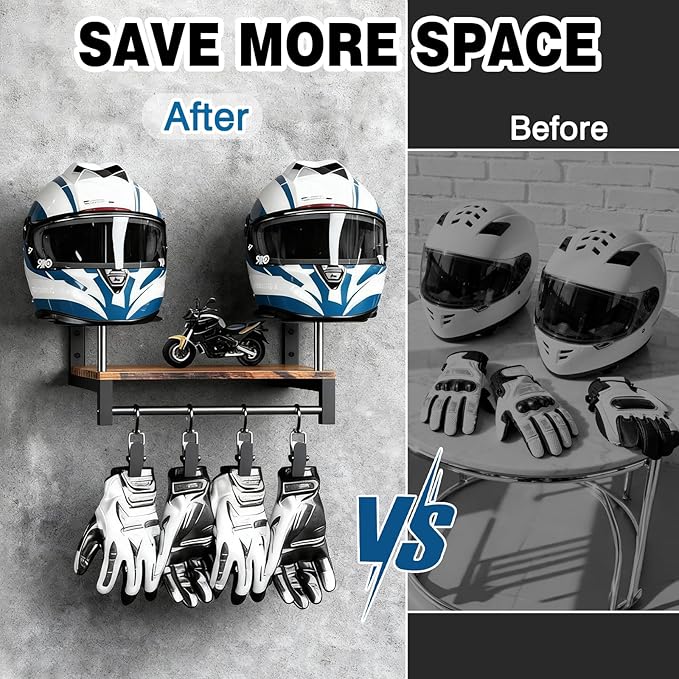 Motorcycle Helmet Holder Wall Mount, Helmet Rack with 2 Hat Stands and Glove Chips, Space-Saving Motorcycle Accessories Display for Garage, Bedroom, or Entryway