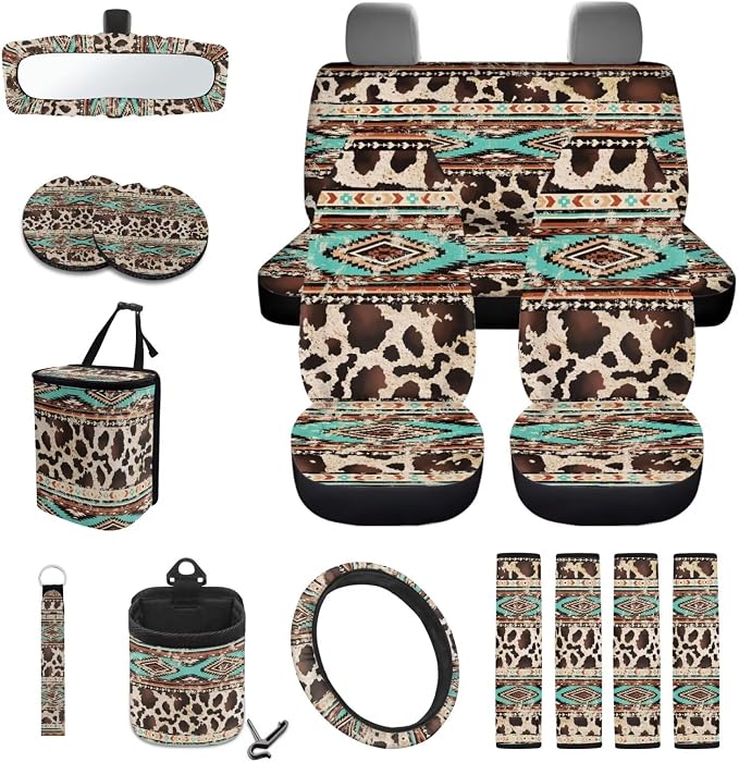Aztec Tribal Geometric Brown Cow Print 15 PCS Auto Interior Sets Front Rear Seat Covers for Cars Steering Wheel Cover Seatbelt Cushion Air Vent Storage Bag Trash Bin Coasters Keychain