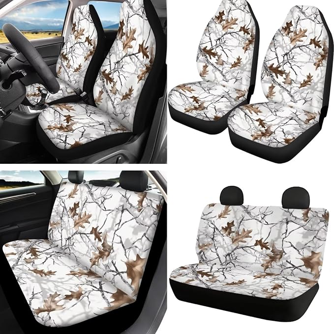 Howilath White Camo Hunting Forest Car Seat Cover Set of 13 with Steering Wheel Covers+Seat Belt Cover Pad+Keychains+Cup Coasters Universal Fit Auto Accessories
