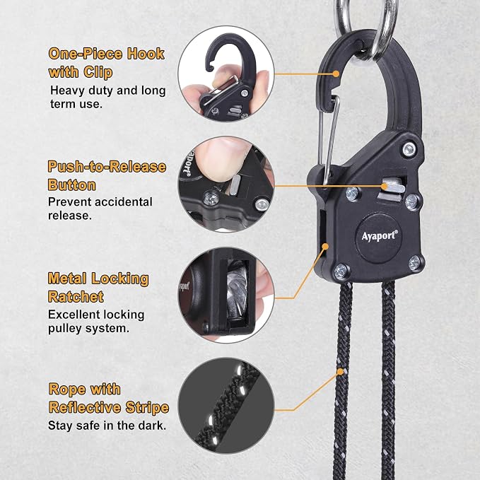 Ayaport Rope Tie Down Ratchet with Carabiner Clip 1/8" x 8' Rope Hanger Cord Tightener Heavy Duty Construction Kayak tie Downs for Tent, Tarp, Camping