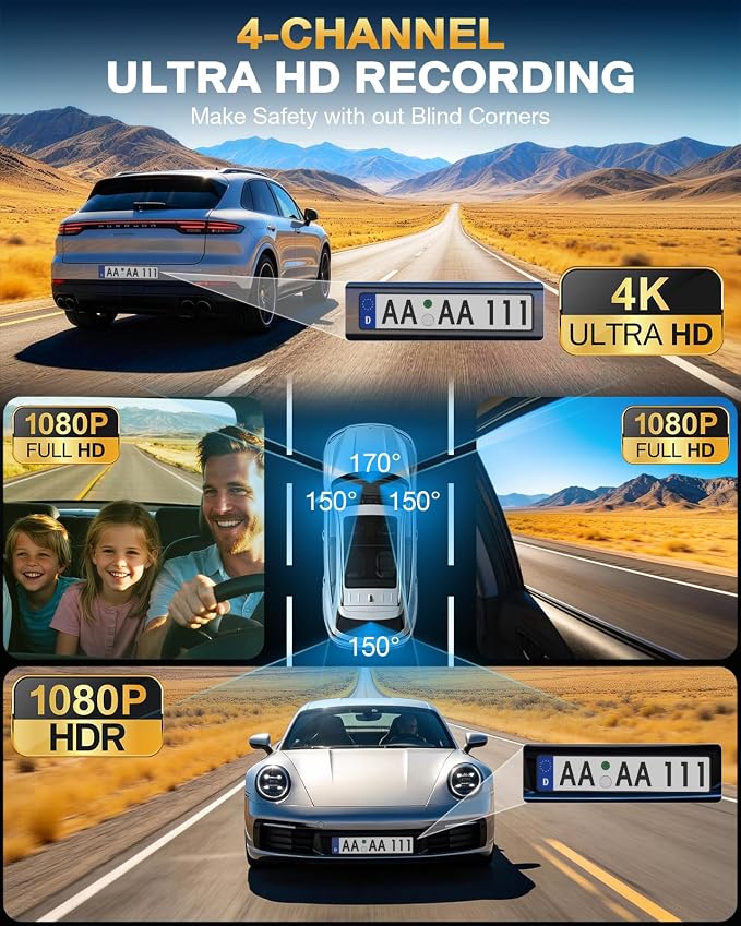 4 Channel 360° Dash Cam Front Rear and Left Right Inside, 4K+3 * 1080P Dash Camera for Cars with Free 128GB SD Card, 5.8GHz WiFi-30MB/s, 24H Parking Mode, G-Sensor, GPS, Night Vision, Voice Control