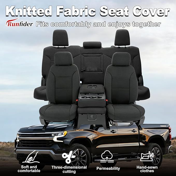 Seat Covers for Chevy Silverado & GMC Sierra 1500 Crew Cab 2019-2026 Heavy Duty Cloth Protector Interior Accessories，Waterproof & Machine Washable-Black (Front & Rear)