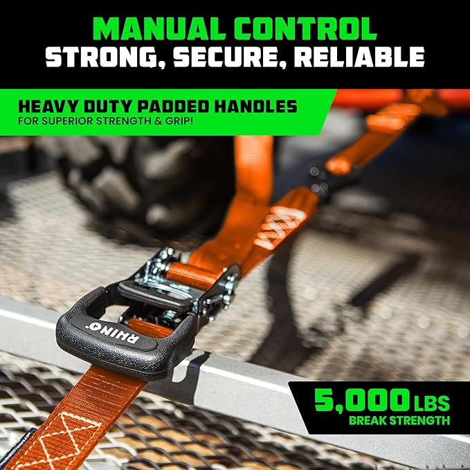 RHINO USA Ratchet Straps Tie Down Kit, 5,000 Break Strength - Includes Heavy Duty Rachet Tiedowns with Padded Handles & Coated Chromoly S Hooks + Soft Loop Tie-Downs