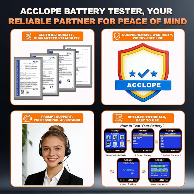 BT60 PRO Car Battery Tester 6V/12V/24V, 2–120Ah, 100–3000 CCA, Alternator & Starter/Charging System Analyzer, Automotive Load Test, QR Cloud Report (No App), for Car Truck Motorcycle Marine/RV