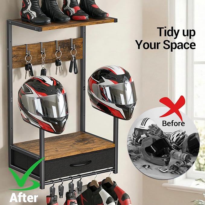 Housolution Motorcycle Helmet Wall Mount with Fabric Drawer, Helmet Holder with 4 Glove Chips and 4 Hooks for Riding Suits & Accessories, Helmet Stand Display for Bike, Baseballs and Rugby Helmets