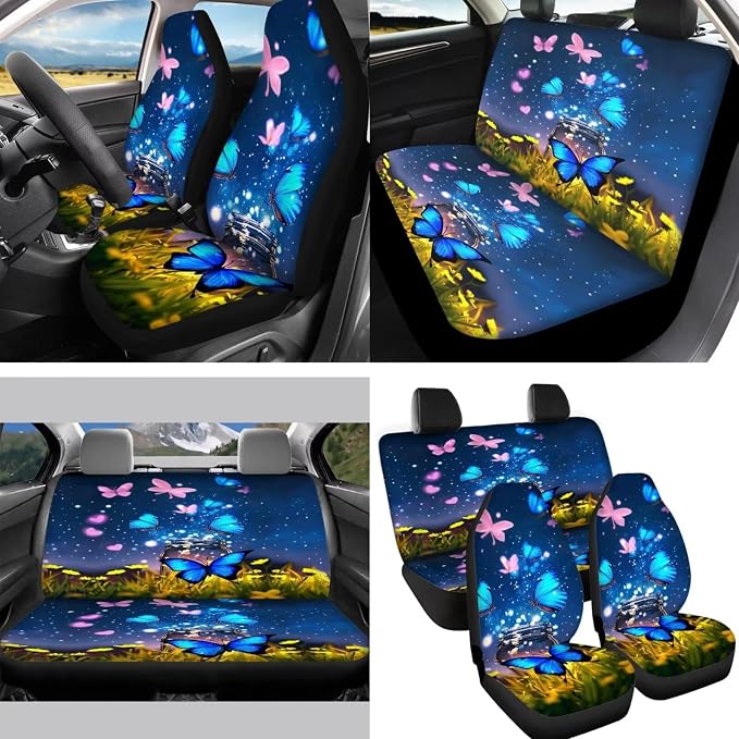 Blue Butterfly Car Seat Covers Sets 14pcs,Flower Butterfly Car Mirror Covers+Coaster+Butterfly Keychain+Gear Shift Knob Handbreak Cover+Seatbelt Pads for Women Vehicle Decor