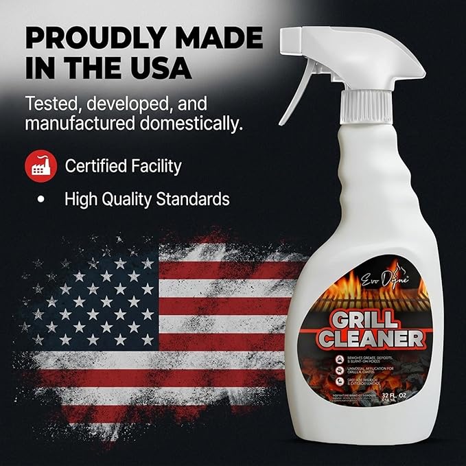 Evo Dyne Grill Cleaner Spray (32 oz), Made in USA - Quickly Cleans BBQ Burnt-on Foods and Grease from Grill Grates - Heavy Duty, Fast-Acting Formula, Less Scrubbing - Food Safe Grill & Oven Degreaser