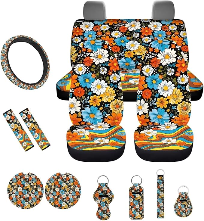 Car Accessories Car Seat Covers Full Set/Seatbelt Shoulder Pads/Coasters/Key Ring/Lipstick Holder for Women's Vehicle Decor(13 Pack), Colorful Hippie Floral Print