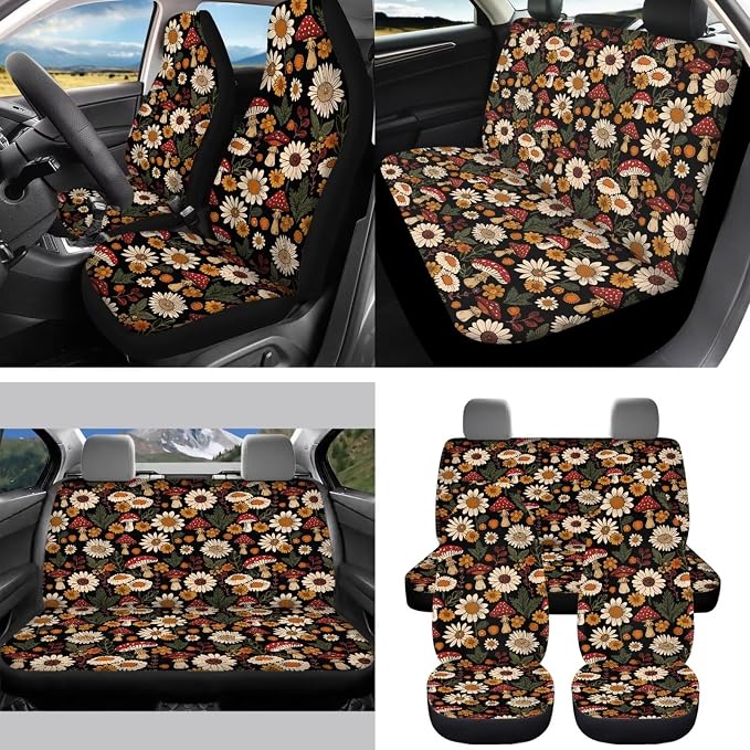 Mushroom Dasiy Car Seat Cover Split Covers for Women Men, Car Steering Wheel Cover Seat Belt Strap Pad Trash Bag Rearview Mirror Accessories Cup Holder Key Chain, 15 PCS