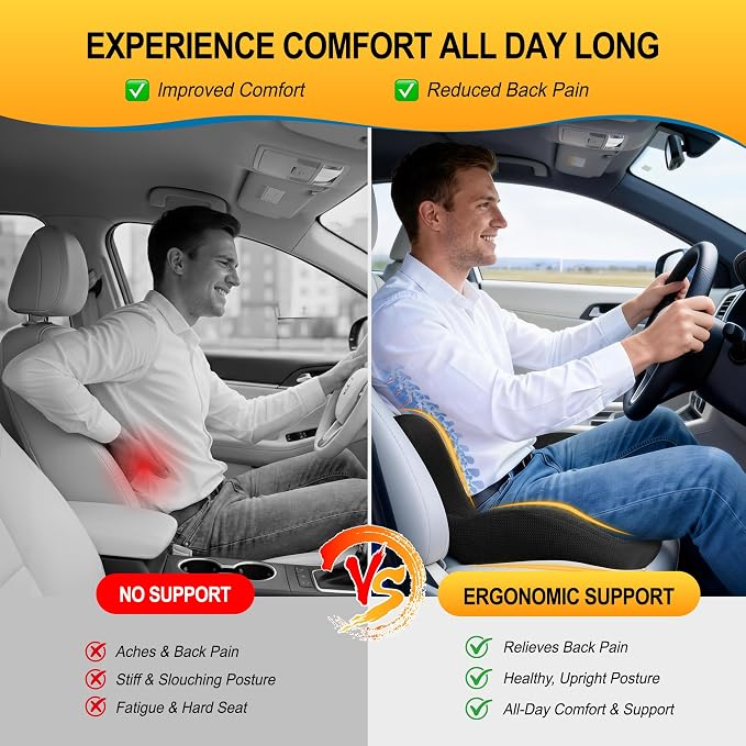Allaboutsla Memory Foam Car Seat Cushion with Lumbar Support, L-Shaped Ergonomic Design for Long Driving, Pressure-Relief Comfort for Car, SUV, Semi Truck & Office Chair- Black