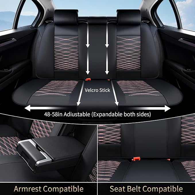 FLORICH Leather Seat Covers, Car Seat Covers Full Set, Car Seat Protector Waterproof, Front and Rear Seat Covers for Cars, Automotive Seat Covers Universal Fit for Most Cars Truck SUV - Pink&Black