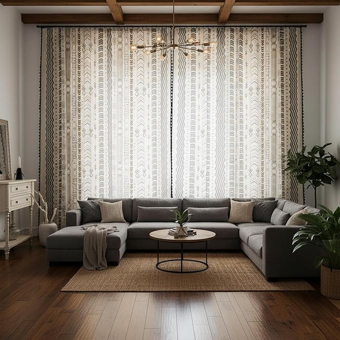 ColorBird Boho Long Floor to Ceiling Curtains 108 Inches Sliding Door Curtains & Drapes for Patio Door Window 2 Panels Black and White Western Aztec Long Drapes with Tassel Rod Pocket for Living Room