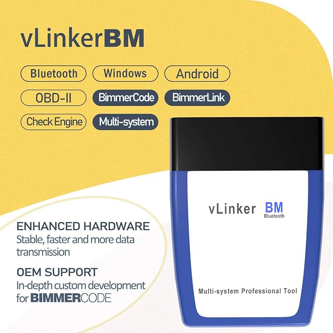 Vgate OBD2 Bluetooth Scanner vLinker BM Bimmercode Diagnostic Tool for BMW/Mini, Work with Android and Windows only
