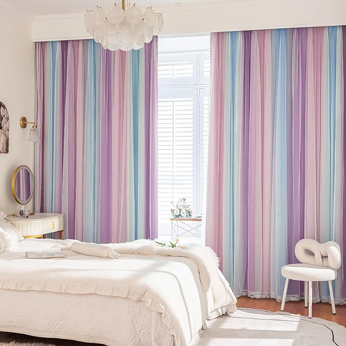 XiDi Kids Blackout Curtains with Sheer Overlay 84 Inches Long 2 Panels for Girls Bedroom Nursery Rainbow Pink Purple Blue Double Layer Curtains Unicorn Princess Theme Home Decor Grommet W34 x L84