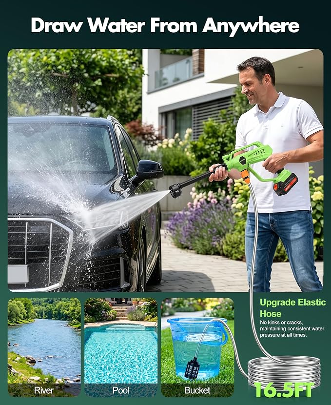 DeeprClean Cordless Car Washer with 6-in-1 Nozzle, Portable Vehicle Cleaning Tool with Brushless Motor |3 Adjustable Levels & Battery Display | Lightweight Spray Tool for Car, Patio Outdoor Use-Lime